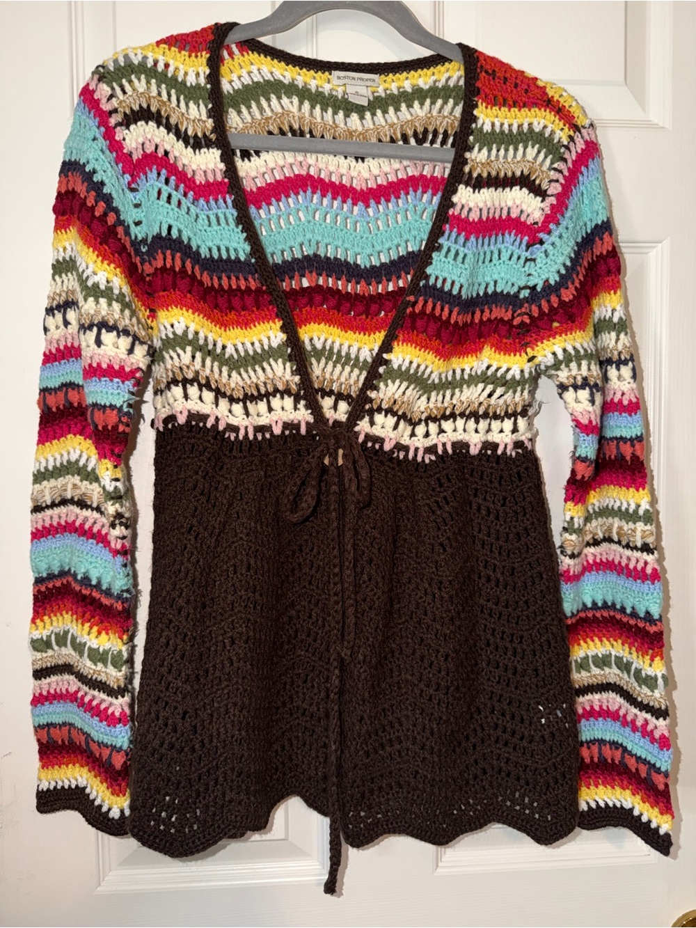 Boston Proper Rainbow Crochet Cardigan with Brown Skirted Waist- Boho, Hippie